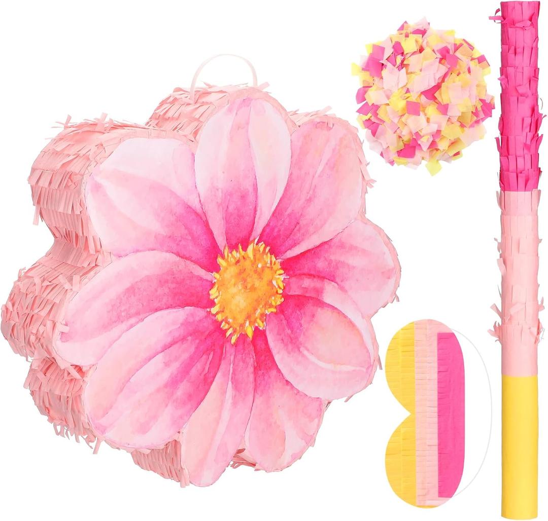 Daisy Flower Piata Watercolor Pink Flower Piata Daisy Hippie Boho with Blindfold Bat Confetti for Birthday Baby Shower Gender Reveal Wedding Party Supplies