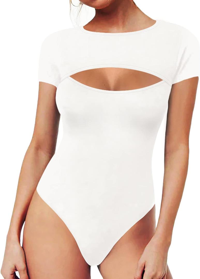 MANGOPOP Women's Cutout Front Long Sleeve Short Sleeve Bodysuit Round Neck Body Suits Sexy Going Out Fall Tops, (White, X-Large)