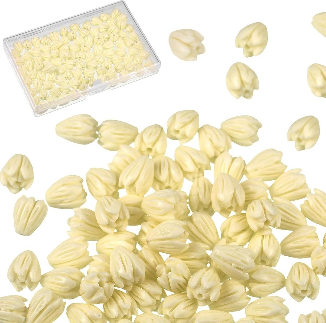 Hotop 100 Pcs Artificial Jasmine Flower Beads Coral Flower Shell Beads for Jewelry Making Necklace Bracelet Supplies Scrapbooking DIY Crafts Wedding Decors(Ivory,7 x 9 mm)