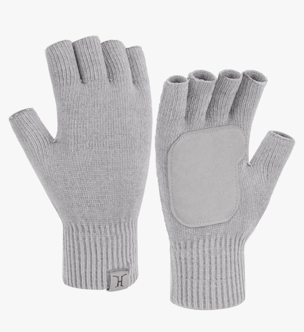 FZ FANTASTIC ZONE Winter Fingerless Gloves for Women Men, Chenille Warm Knit Work Anti-Slip Leather Half Finger Gloves Gifts