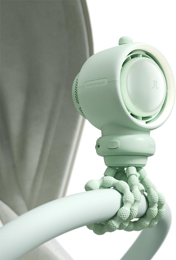 JISULIFE Stroller Fan Baby Large, Safe Bladeless for Crib, Desk, Portable Battery Rechargeable Cooling Fan with Air Turbo Tech, LED Display, Night Light, Food-Grade Gift for Mom/Dad/Friend - Green (5000mah)