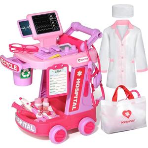 Phobby Doctor Kit for Toddlers Aged 3 4 5, Medical Pretend Play Set for Kids with Bag and Costume, Doctor Cart Toy for Girls Boys Birthday Gift (Pink)