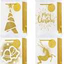 OFIHANLY 4 Pack 9" Small Size Christmas Gift Bags with Handles for Xmas Holiday Presents Gold Cute Paper Wrapping Bag with Tissue Paper for Kids