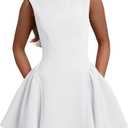 YMDUCH Women's Summer Sleeveless Crew Neck Backless A-line Mini Party Prom Dress (White)