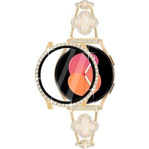 Bling Band with Case Compatible with Samsung Galaxy Watch 4 & 5 40mm 44mm Model，20mm Stylish Stainless Band Bling Diamond Butterfly Bracelet for Women (Gold-40MM)