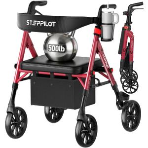 Bariatric Rollator Walker with Seat for Seniors, 500lb Capacity Aluminum Frame, Zero Wobble, 16lb Lightweight, 8" All Terrain Wheels, 10-Level Adjustable Handle/Seat, Cup Holder, Cane Clip