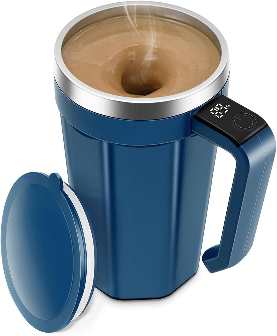Self Stirring Coffee Mug with Temperature Display, 18 oz Automatic Magnetic Mixing Cup, Rechargeable Travel Mug for Coffee, Milk, Cocoa - (Deep Blue)