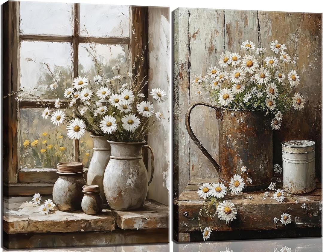 2Pcs Farmhouse Daisy Wall Art Country Bathroom Painting Wall Decor Rustic Daisy Canvas Posters Vintage Farmhouse Flowers Prints Pictures for Bathroom Bedroom Living Room Decor Framed