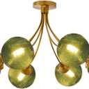 8-Light Flush Mount Light Vintage Gold Sputnik Chandelier Light Fixtures Ceiling Mount Green Round Glass Globe Shade, Semi Flush Mount Ceiling Light for Living Room Kitchen, 32.2 inches