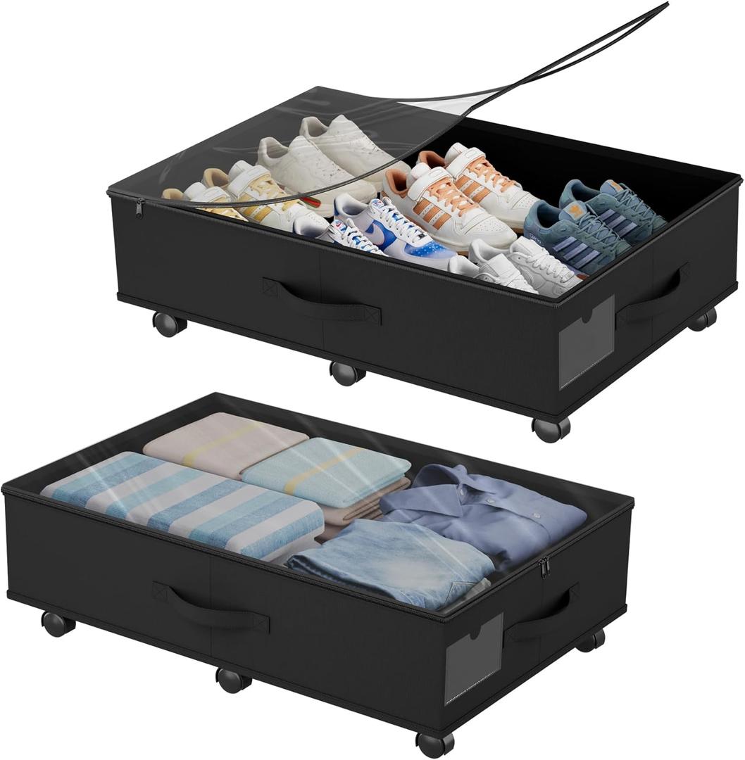 Babenest 2-Pack Under Bed Storage Organizer with Clear Zippered Lid, Foldable Rolling Underbed Drawers on 6 Wheels, Space Saving Clothes, Shoes, Toy Storage for Bedroom, Dorm, Closet