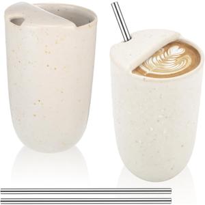 2 Pack Ceramic Coffee Mug with Sip Hole 9.5oz Retro Espresso Cup with Straws Travel Mug Handpainted Porcelain Coffee Tea Cup Novelty for Kitchen Milk Juice Cappuccino Latte Speckle White