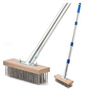 MAXMAN Stainless Steel Wire Scrub Brush with Long Handle, 63" Heavy Duty Large Wire Brush, Stiff Metal Bristle Floor Scrubber, Outdoor Patio Cleaning, Wire Broom for Deck, Concrete, Moss Removal (With 1PC 8-inch brush head)