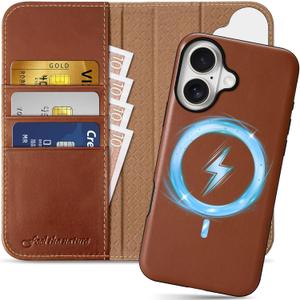 SHIELDON Case for iPhone 16 6.1", Genuine Leather Wallet Wireless Charging Detachable Magnetic RFID Blocking Credit Card Holder Kickstand Protective Case Compatible with iPhone 16 5G - Retro Brown