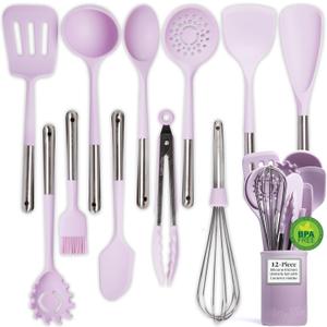 Larder & Vine 12-Piece Silicone Kitchen Cooking Utensils Set with Stainless Steel Handle and Ceramic Holder, Dishwasher Safe Set of Kitchen Essentials (Lavender)