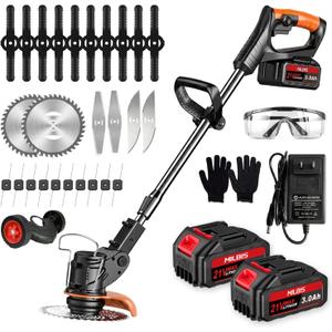 Cordless Weed Wacker 24V, 2 x 4.0Ah Battery Powered Weed Eater with Wheel 3 in 1 Stringless Weed Trimmer, Lightweight Electric Grass Trimmer/Brush Cutter/Lawn Mover Low Noise for Garden and Yard