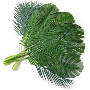 Cindeer 24 Pcs Artificial Palm Leaves 3 Kinds Large Faux Monstera Leaf Greenery Stems Safari Jungle Leaves for Hawaiian Christmas Easter Party Table Wedding Decorations (Small)