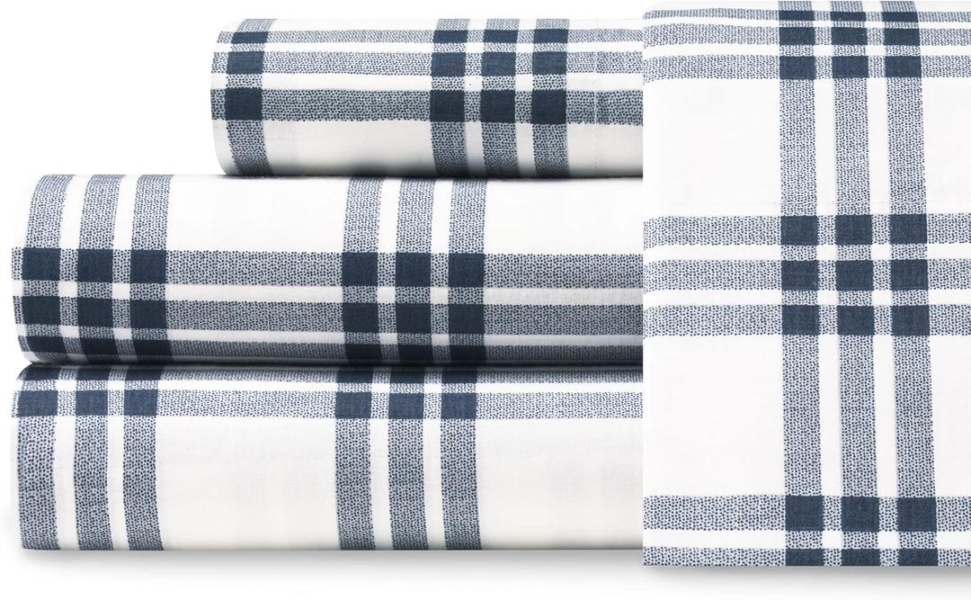 Eddie Bauer Home | Percale Collection Sheet Set-100% Cotton, Crisp & Cool, Lightweight & Moisture-Wicking Bedding, Twin, Navy Plaid,USHSA01132421