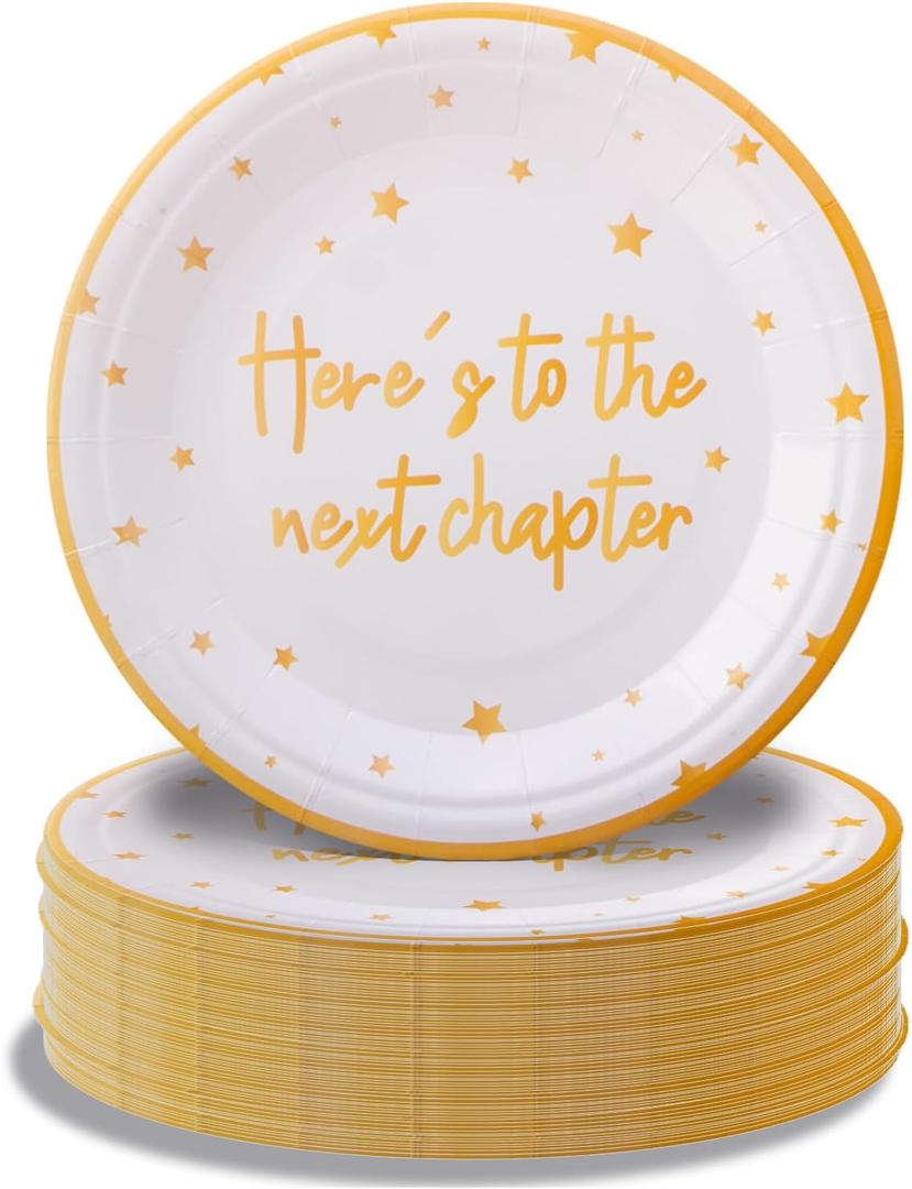 Pandecor 50 Pieces Here's to the Next Chapter Disposable Paper Plates,7 inches Cake Dessert Plates for Graduation Coworker Leaving Party Decorations,New Job and Retirement (50 pieces plates)