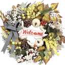 Fall Wreaths for Front Door Outside Decor, 22" White Pumpkin Berry Eucalyptus Leaves Pinecone Wreath Autumn Decorations with Bow and Hanging Sign for Thanksgiving Home Outdoor Indoor Porch Harvest