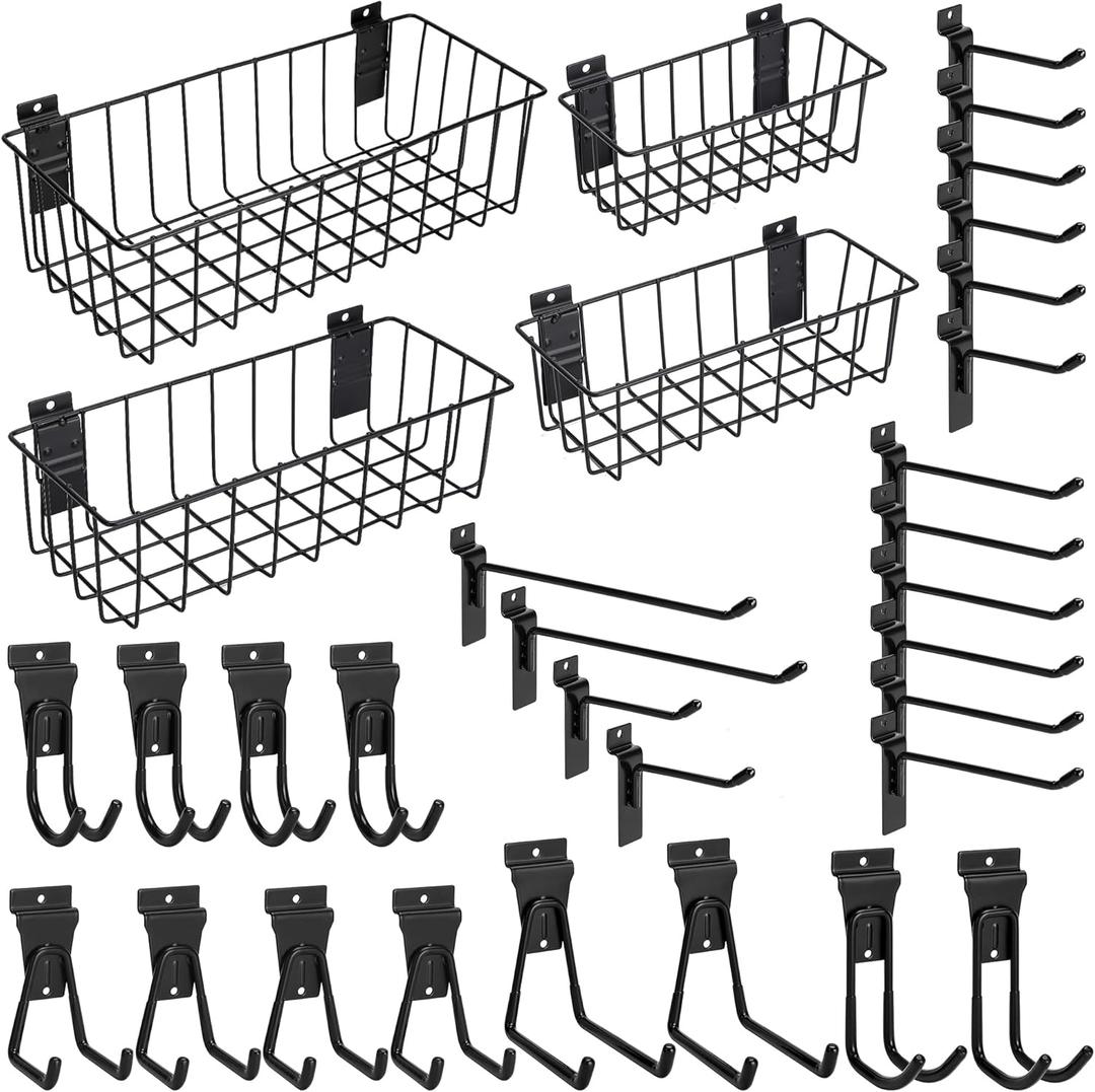 Heavy-Duty Slatwall Baskets and Hooks - Slatwall Accessories for Standard Slatwall Panels | Ideal for Organizing Garages and Workshops, Black 