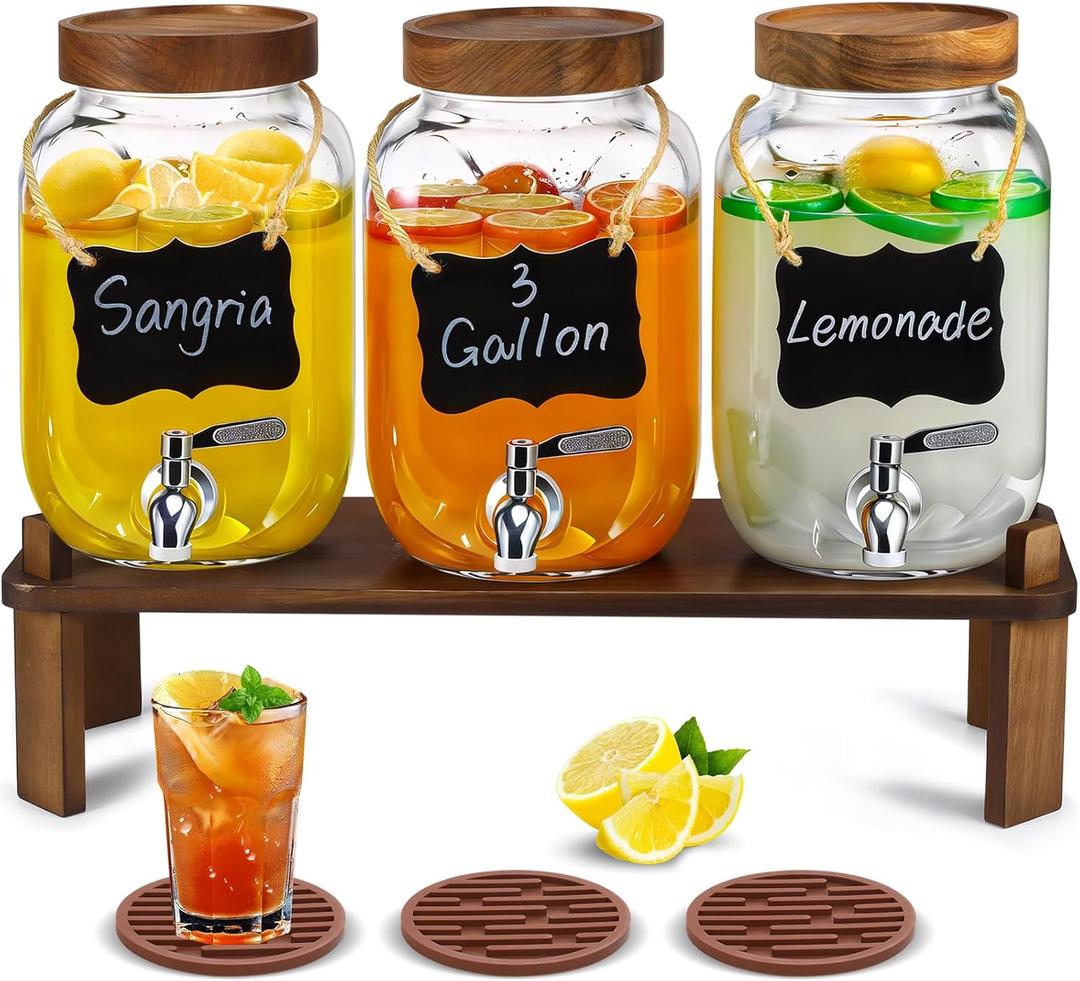 3 Pcs Glass Drink Dispenser for Parties, 1 Gallon Beverage Dispenser with Stand, Lid, Label, Pen, Rubber Mats and Stainless Steel Spigot for Lemonade, Juice, Tea, and Party Drinks