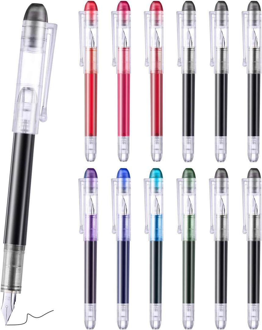 12 Pieces Multicolor Disposable Fountain Pens, Smooth-Writing Office Supplies for Sketching, Journaling, Calligraphy, Doodling and Gifts (Mixed Colors)