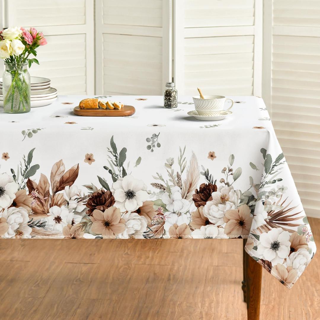 Horaldaily Spring Tablecloth 6084 Inch Rectangular, Boho Naturalistic Style Brown Flower Washable Seasonal Table Cover for Party Picnic Dinner Decor (White)