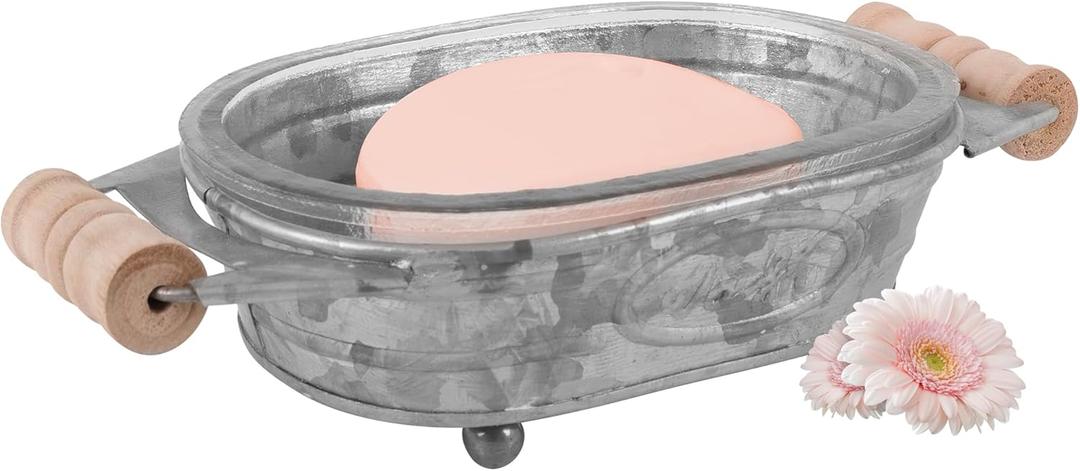 Autumn Alley Galvanized Farmhouse Soap Dish for Bathroom  Fun Kitchen Soap Tray  Farmhouse Bathroom Accessories  Rustic Soap Dish  Wooden Handles Add Vintage Appeal  Cute Bathtub Decor