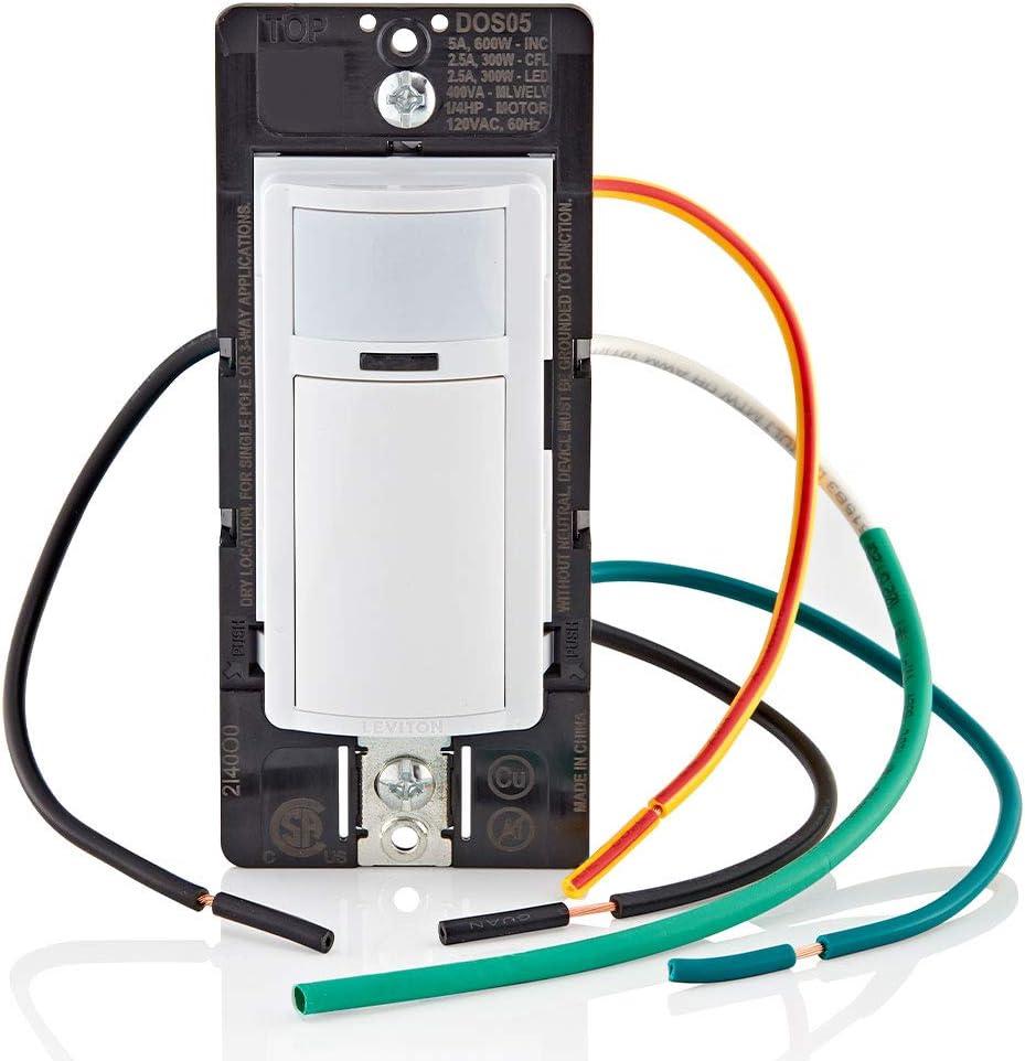 Leviton Motion Sensor Light Switch, Motion Activated, Auto-On/Auto-Off or Manual-On, 5A, No Neutral Wire Required, Single Pole or 3-Way, DOS05-1LZ, White/Ivory/Light Almond