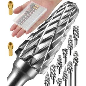 10 Pcs Carbide Burr Set 1/8" Shank w/ 2 Collets Compatible with Dremel Bits Rotary Tools Attachment Kit Rasp Drill File Accessories Metal Wood Stone Steel Grinding Carving Cutting Polishing