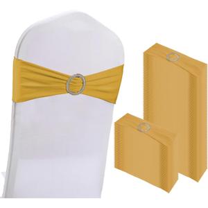 WJWHQ 100PCS Spandex Stretch Chair Sashes Bows Elastic Chair Cover Bands Ties with Buckle Slider for Wedding Party Reception Events Universal Ceremony Banquet Decorations (Gold)