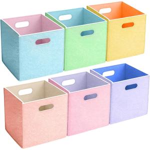 6 Pcs 11 Inch Colorful Felt Storage Cubes with Handle, Collapsible Fabric Storage Cubes Bins Foldable Baskets for Playroom, Bedroom, Books, Clothes (Macaron)