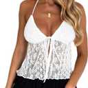 Women Y2K Lace Shirt Halter Neck Deep V Neck Crop Top Tie Front Sleeveless Strappy Cami Shirt Streetwear S