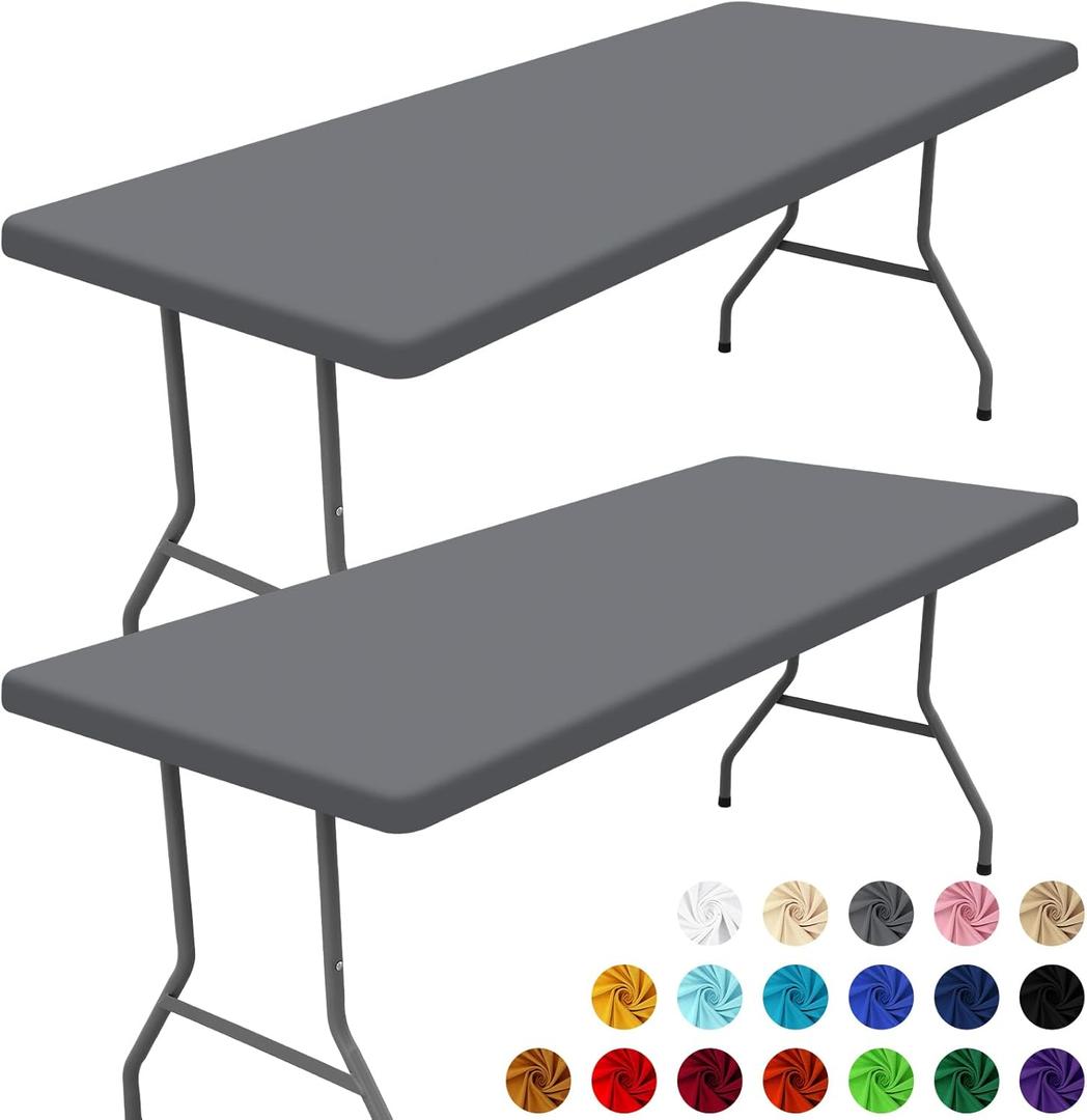 Moosfor Spandex 6 Foot Rectangle Table Cloth 2 Pack, Elastic Fitted Tablecloths for Picnic, Stretch Washable Patio Table Cover for Outdoor, Camping, Banquet and Parties (Grey, 30"x72")