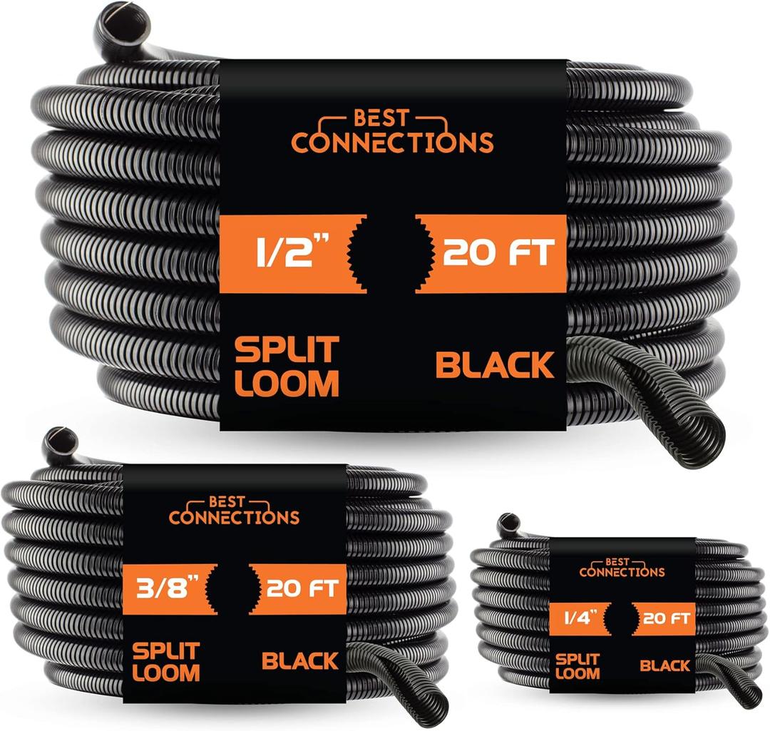 BEST CONNECTIONS 3-Pack (1/4", 3/8", 1/2" x 20 ft Each) Assorted Split Wire Loom Flex-Guard Convoluted Tubing  Protective Split Cable Sleeves/Conduit for Automotive Home Industrial Electrical  Black