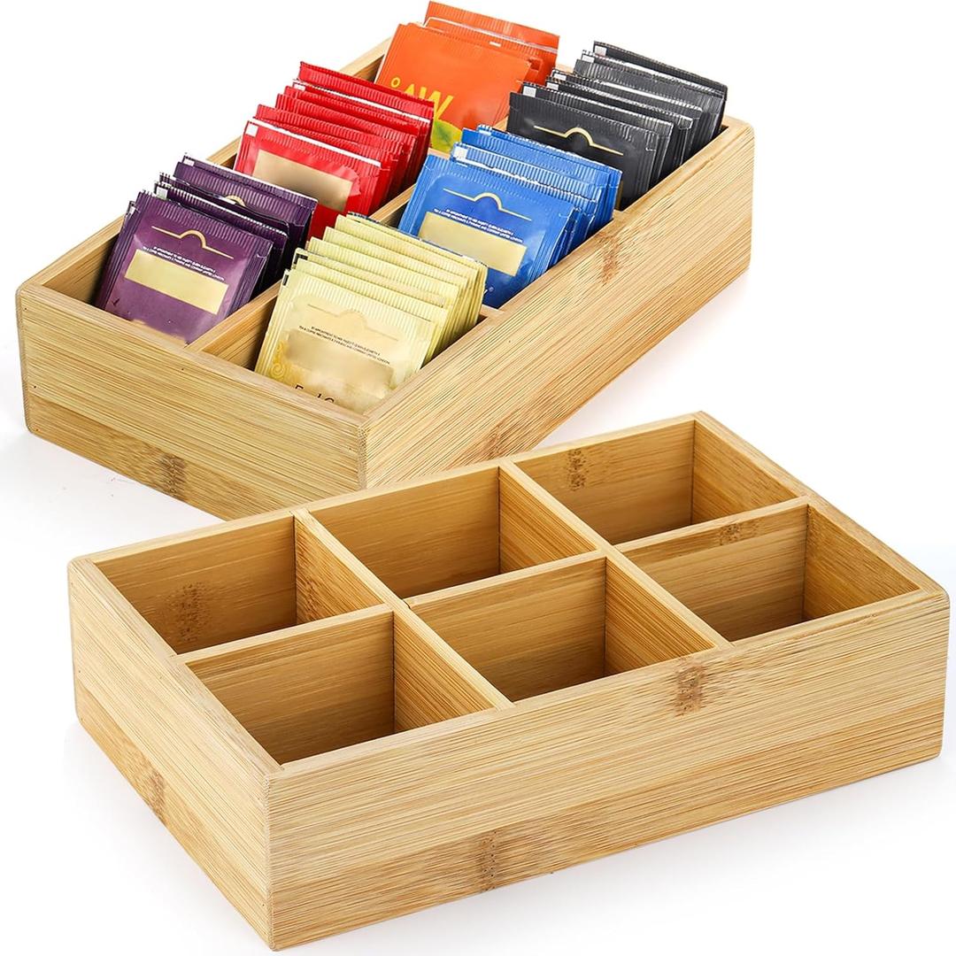Dicunoy 2 Pack Bamboo Tea Bag Organizers, Wood Tea Bag Storage for Drawers with 6 Roomy Compartments, Sturdy Tea Chest Boxes for Shelf, Coffee Station, Sugar Packet, Sweeteners, Small Packets
