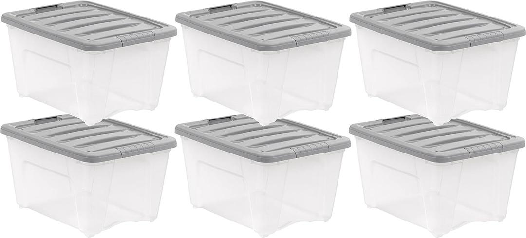 Amazon Basics Plastic Storage Containers with Secure Latching Lids, Stackable Organization Bins, Clear/Grey, 32 Quart, Set of 6