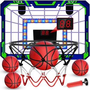 Kids Indoor Basketball Hoop - Over The Door Mini Basketball Hoop with LED Scoreboard, Lights & Sound, Includes 4 Balls - Fun Birthday for Boys & Girls Ages 3-12 to Play Anywhere (Dark Blue)