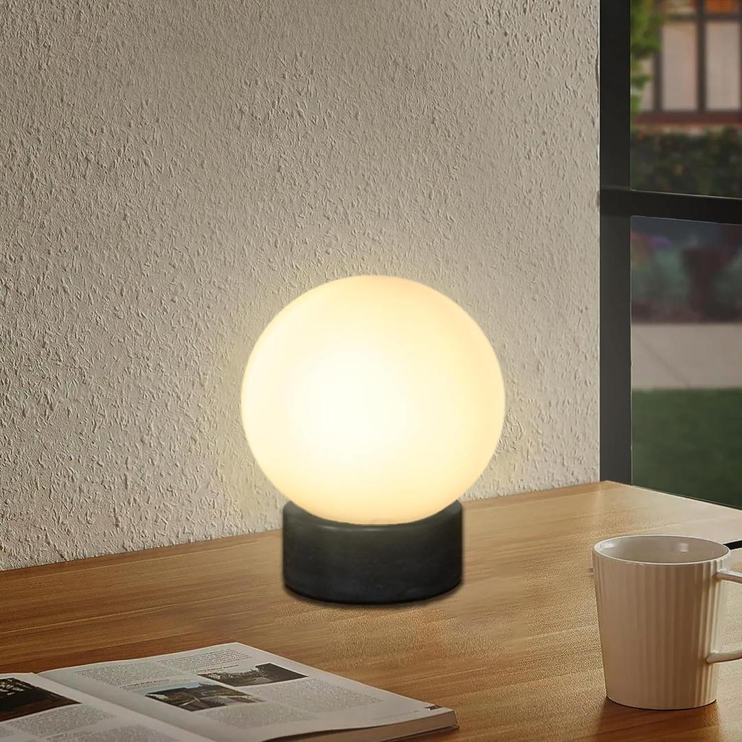 FLORNIA Globe Tble Lamp, Modern Industrial Round Table Lamp, Unique Bedside Nightstand Desk Lamp with Glass Shade and Marble Base for Bedroom, Living Room, Office Study, Decoration (Include Bulb G45) (Black)