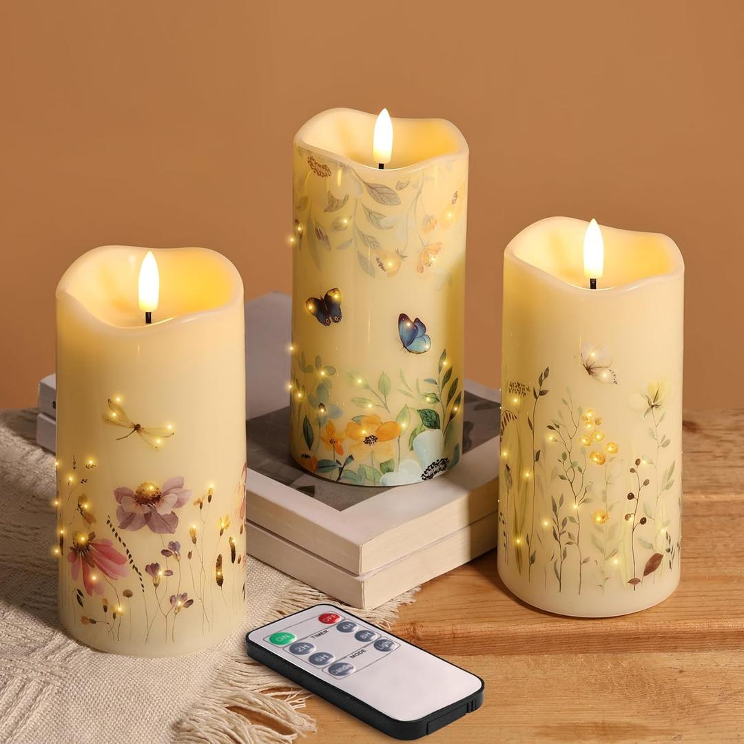 Eywamage Fiber Optic Flameless Pillar Candles with Remote Set of 3, Butterfly Floral Spring LED Candles Battery Operated Gift 3" H 6"