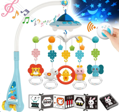 Baby Crib Mobile with Music and Lights, Baby Mobile for Crib with Black and White Baby Toys, Remote Control, Moon and Star Projection, Funny Rotation Crib UFO Toys for Baby Boys Girls