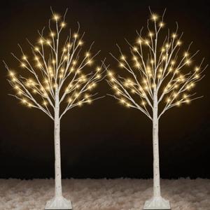 2-Pack 4FT Lighted Birch Trees (Higher Size & Floor Standing), 96 LED Twinkling Birch Christmas Tree Lights for Indoor & Outdoor, 2 Modes Warm White Tree Lights for Christmas Thanksgiving Home Decor