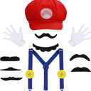 Bros Mary & Luigi Hat Costume Mustaches Gloves Buttons for Halloween Costume Cosplay