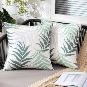 MIULEE Pack of 2 Spring Outdoor Waterproof Throw Pillow Covers Decorative Patio Pillow Cases Natural Leaves Pattern Spring Square Cushion Shams Shell for Garden Balcony Couch 18x18 Inch, Greyish Green