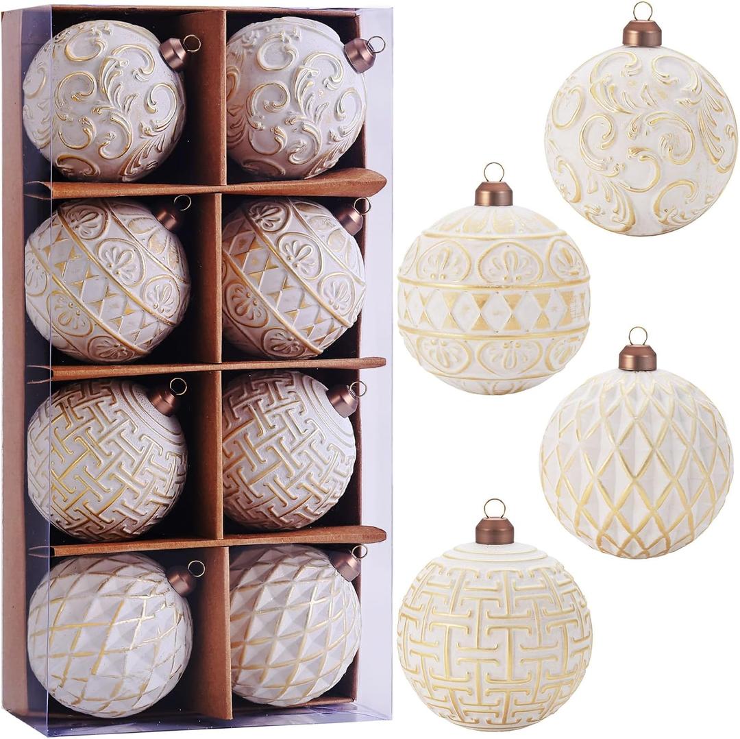 3.15" Vintage Christmas Ball Ornaments, Gold & White Distressed Christmas Tree Decorations Set, Shatterproof Rustic Ornaments for Xmas Farmhouse Home Holiday Dcor