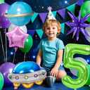 Space Themed Birthday Decorations, Green Number 5 Balloons, Purple Star and Blue Space Ship Balloon for Party Decoration (Green 5)