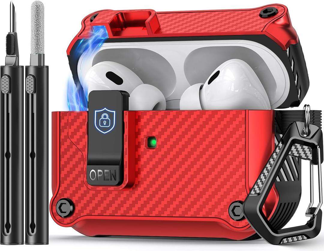 Pohgelan Compatible with AirPods Pro 2nd/1st Case,Magnetic Automatic Lock with Cleaning Kit,Compatible with Magsafe,Carbon Fiber Texture Cover -Red