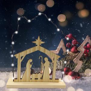 2 x Nativity Scene Sets Indoor with LED Lights - Wooden Nativity Table Centerpiece Sign Holy Family Figure for Christ's Birth Religious Xmas Mantle Shelf Tabletop Home Christmas Decorations