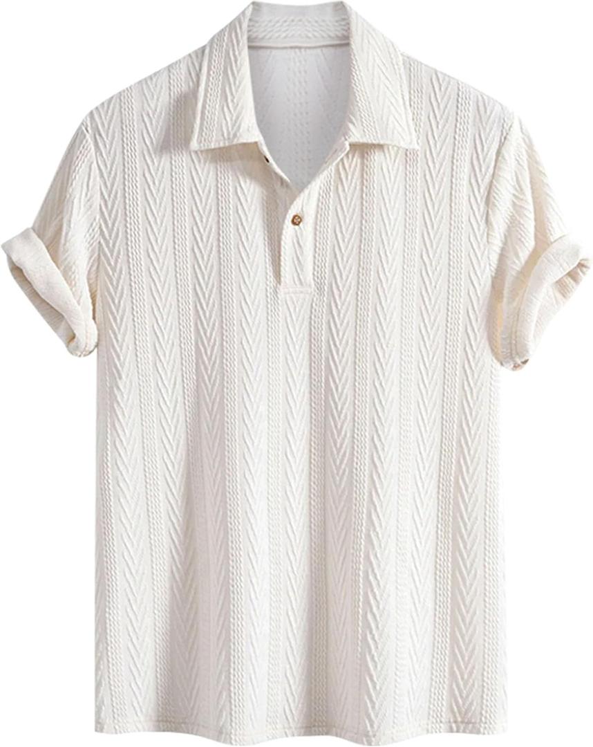 ZAFUL Men's Polo Shirts Textured Short Sleeve Golf Shirt Openwork Casual Cuban Geometric Jacquard T-Shirt (White, L)