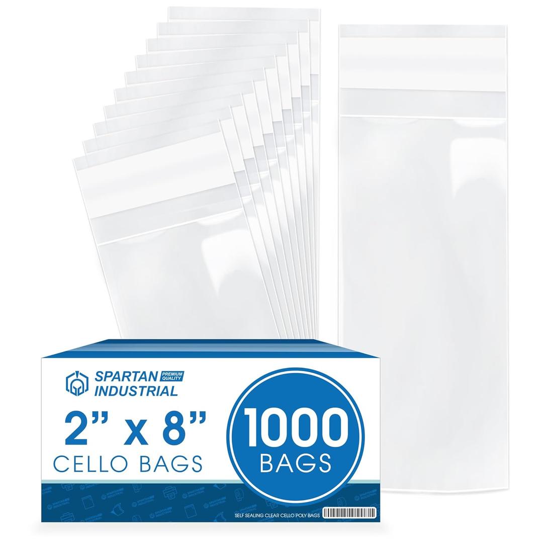 Spartan Industrial - 2" X 8" (1000 Count) Crystal Clear Resealable Cello Poly Bags for Jewelry, Treats, Party Favors - Self Seal